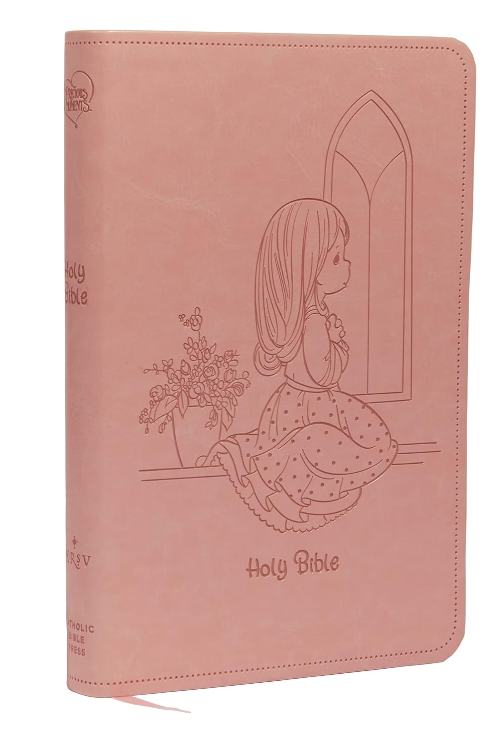 Pink Bible cover with engraved design of a girl at a window on a white background