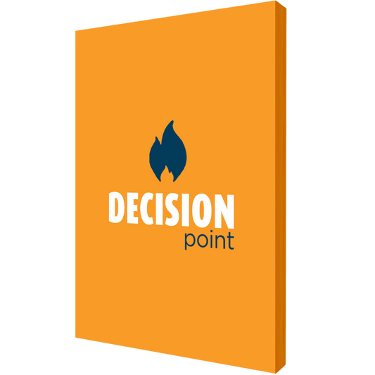 Orange book or notebook with 'Decision Point' logo on a white background