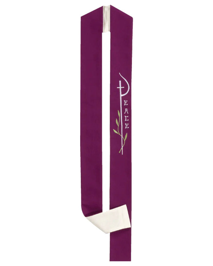 Purple stole with white cross and 'Praise' text on a white background