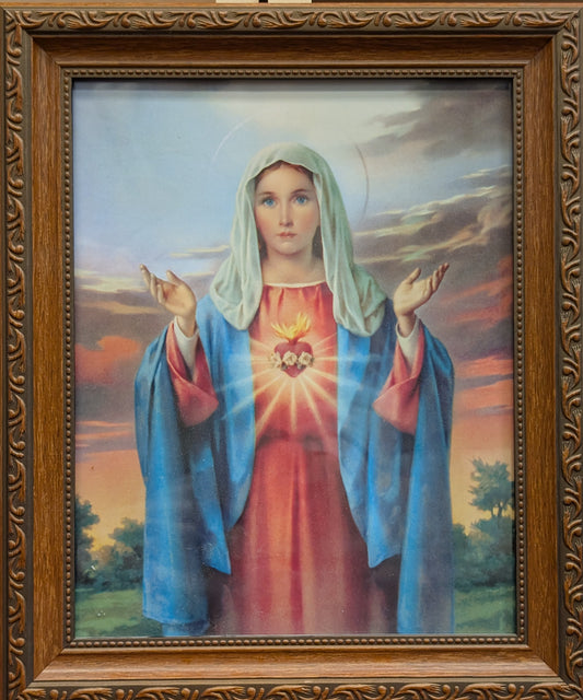 Estampa enmarcada del Inmaculado Corazón de María, tono caoba, 8x10"