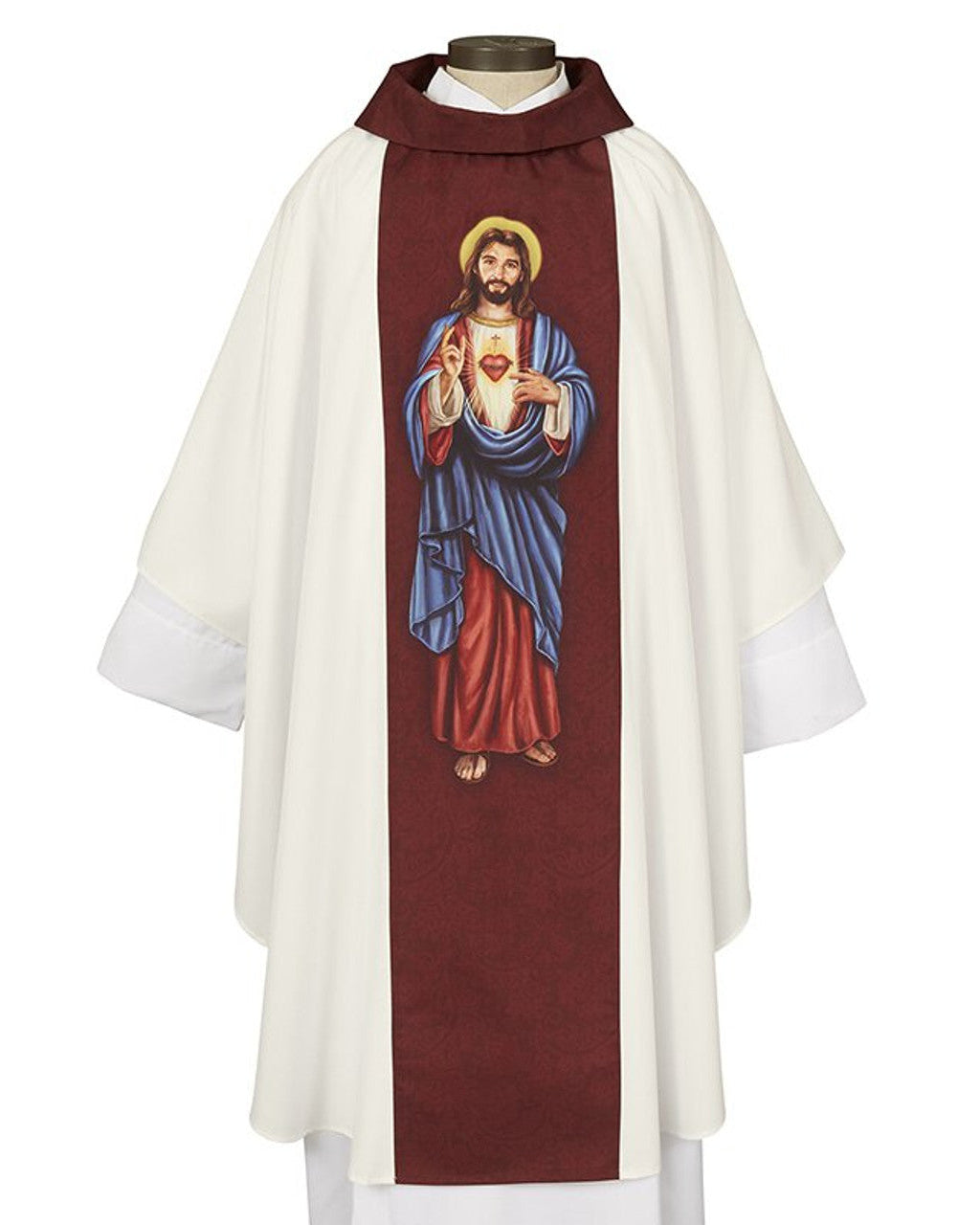 A traditional white and red chasuble with a printed sacred heart design, featuring a cowl neck and a matching inner stole.