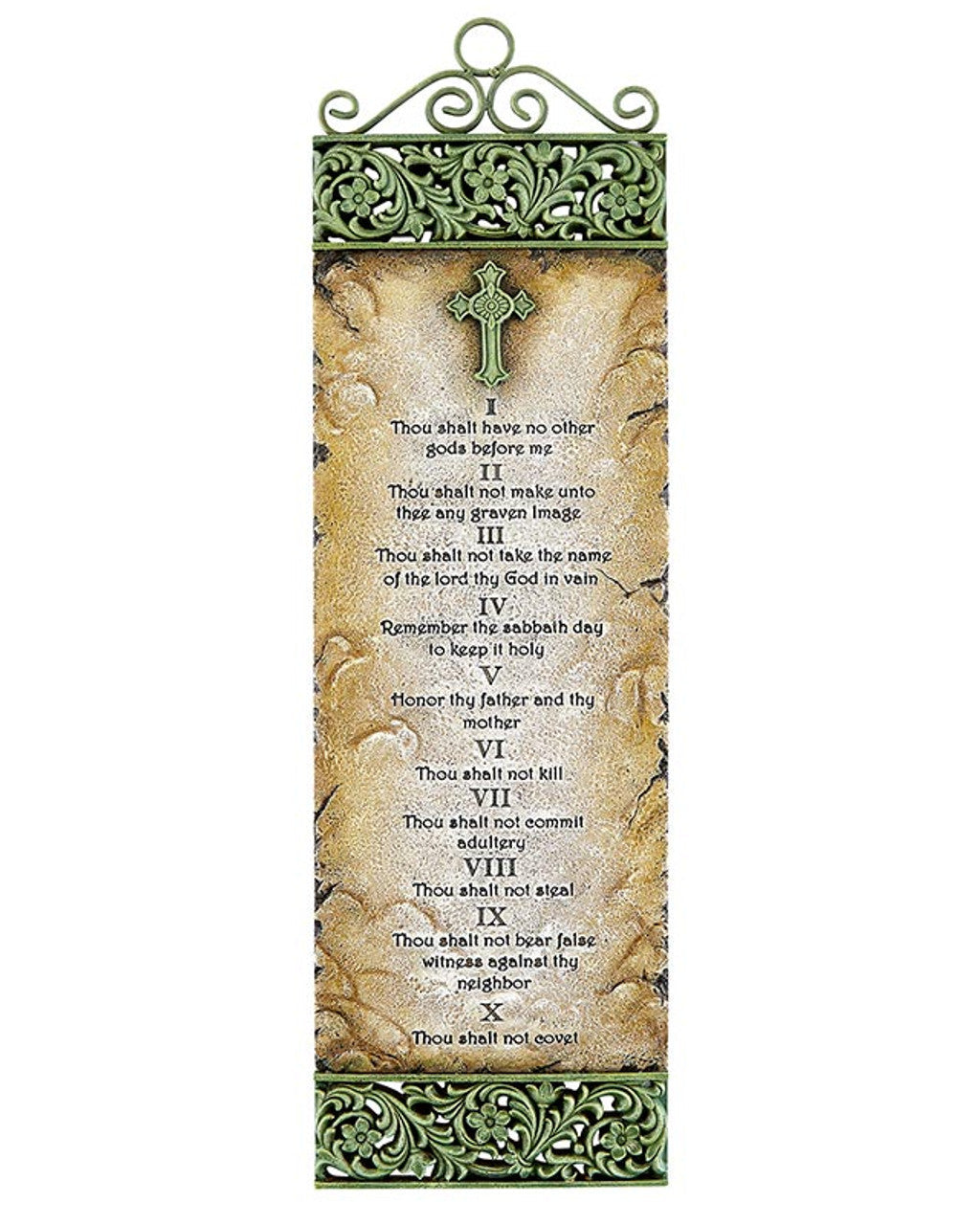 A wall plaque featuring the Ten Commandments in a green-toned resin with Irish cross decorations and green Tone Accents.