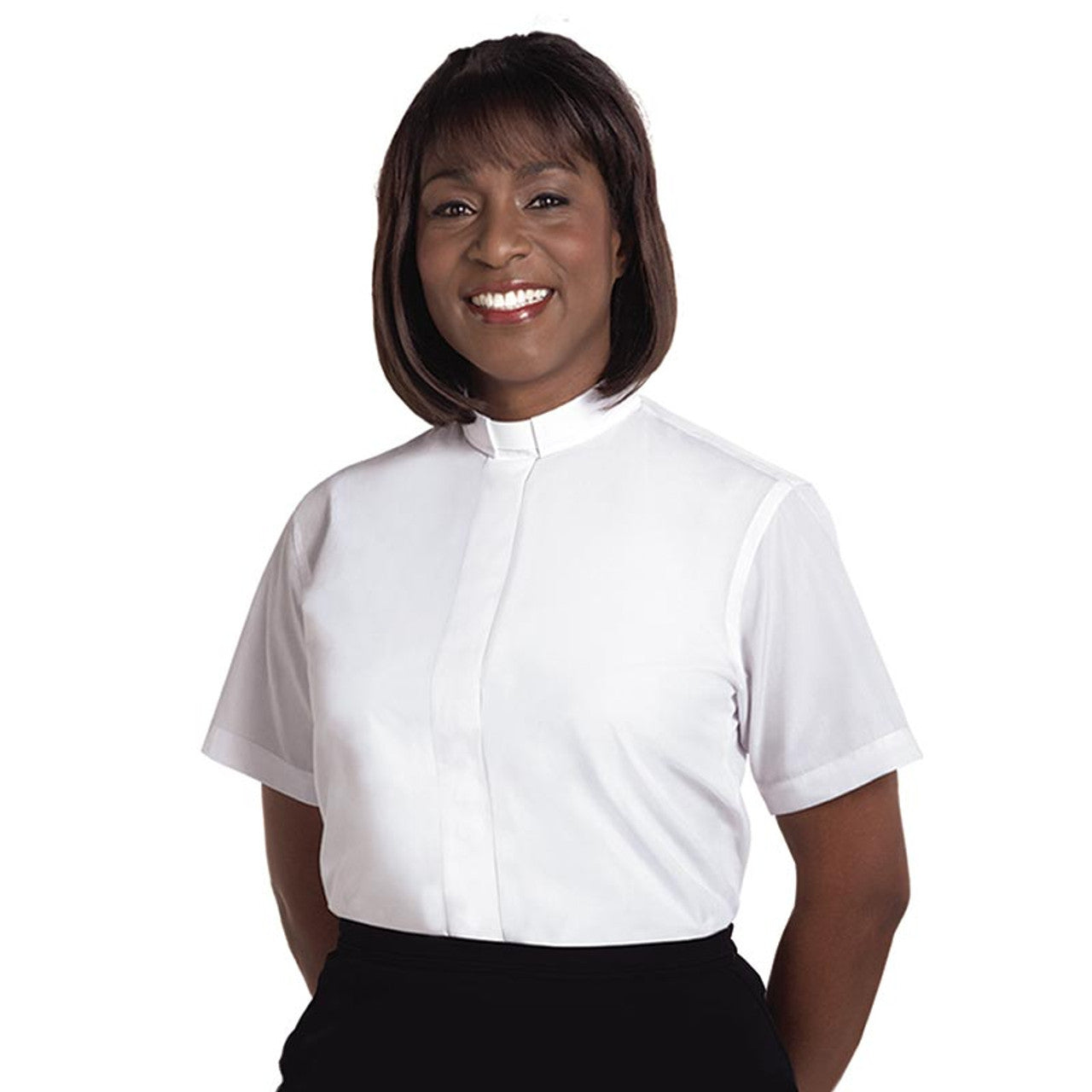 Camisa Blanca de Clérigo de Manga Corta con Cuello de Solapa para Mujer