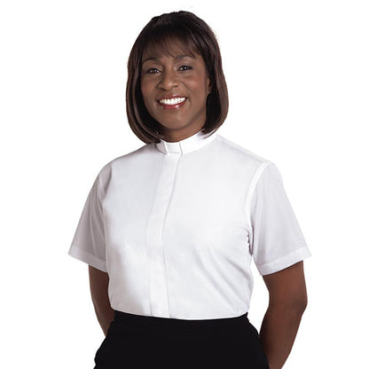 Camisa Blanca de Clérigo de Manga Corta con Cuello de Solapa para Mujer