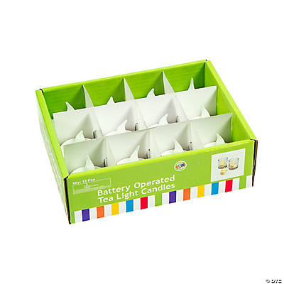 Box of battery-operated tea light candles with a green lid on a white background