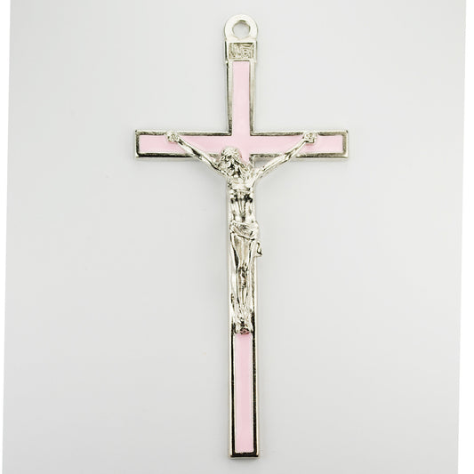 Pink Enameled Silver Cross 5"
