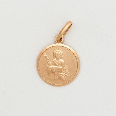 A small round 10K yellow gold medal featuring an image of St. John the Baptist, with a loop for a chain attachment, displayed against a white background.