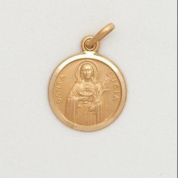 A small round 10K yellow gold medal featuring an image of Saint Lucia.