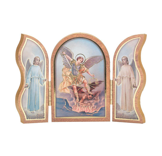 St. Michael Standing Natural Wood Triptych