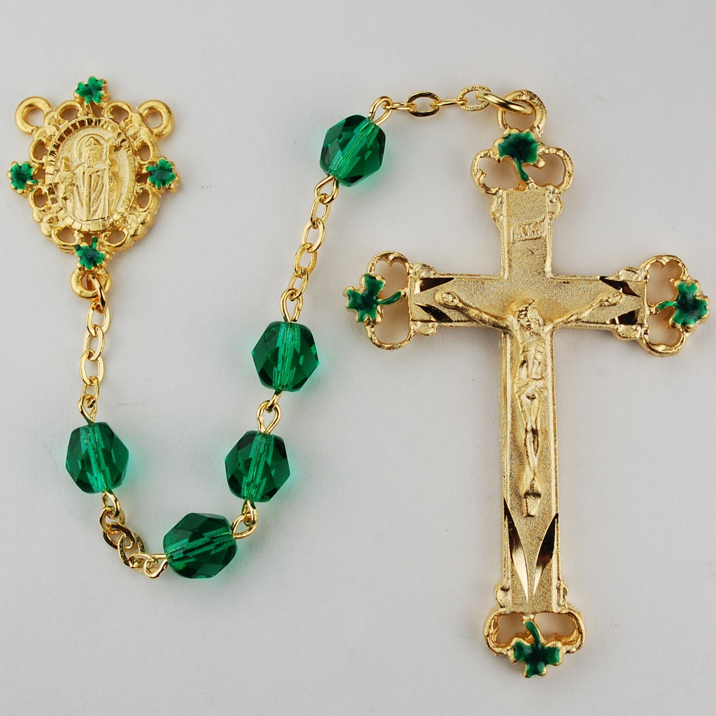 Green Glass Shamrock Rosary Boxed