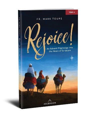A book cover of 'Rejoice! An Advent Pilgrimage into the Heart of Scripture' featuring an illustration of three individuals on camels, traveling towards a glowing horizon.