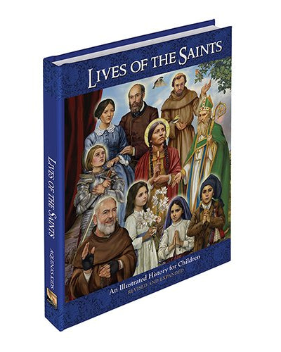 Cover of the book 'Lives of the Saints' featuring illustrations of various saints with a blue background.