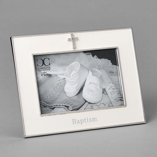 A white picture frame with the word 'Baptism' printed on the front, containing a 4x6 photo of a pair of baby shoes.