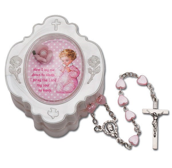 Heart-Shaped Pink Baby Rosary in Keepsake Box
