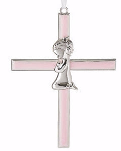 A metal baptismal cross with a blue and silver color scheme, featuring an illustration of a child in prayer at its center.