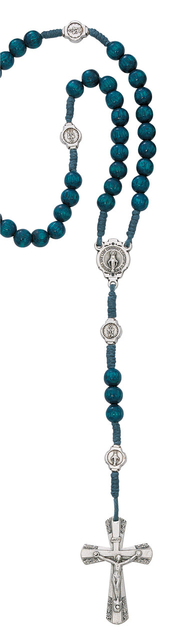 Blue Wood Cord Miraculous Bead Rosary