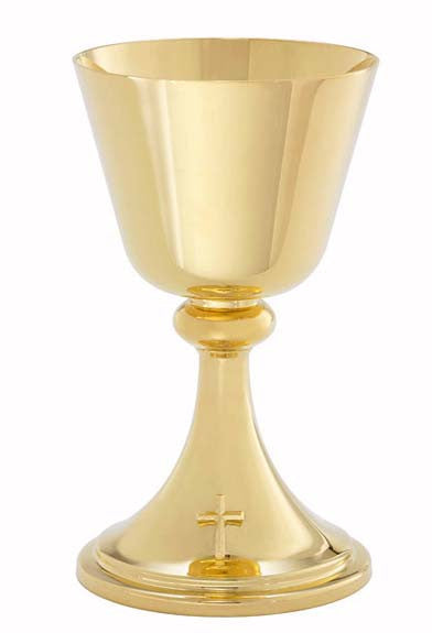 A gold-colored chalice with a scale paten, featuring 24K gold plating and a cross design at the base.