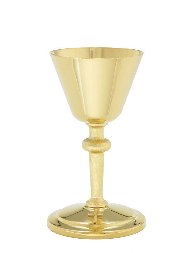 A gold-colored chalice with a paten, both made of high quality brass, with 24k gold plating inside the cup.