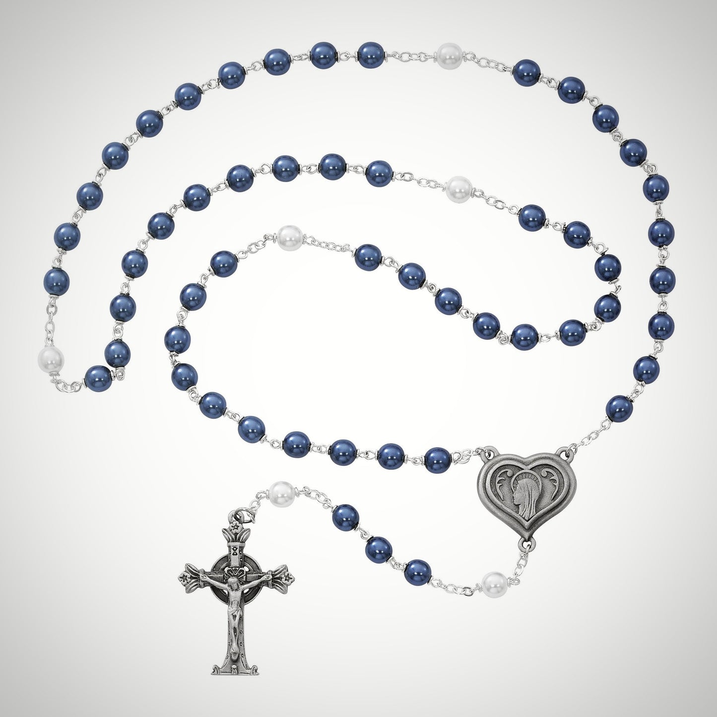 Blue and Pearlized Glass Lourdes Water Rosary Boxed