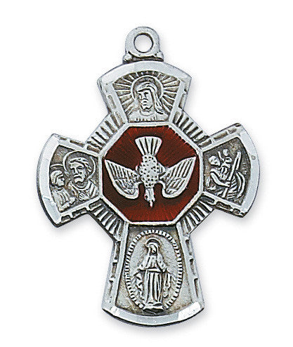 A sterling silver 4-way pendant with a cross design, featuring images of Jesus Christ and the Virgin Mary on it. The pendant is attached to a rhodium-plated brass chain.