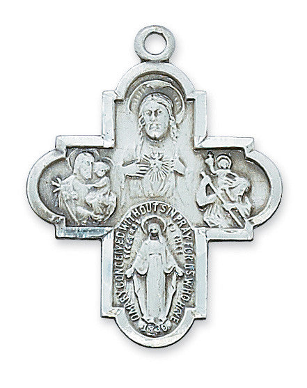 A sterling silver 4-way pendant featuring religious imagery, attached to a rhodium-plated brass chain.