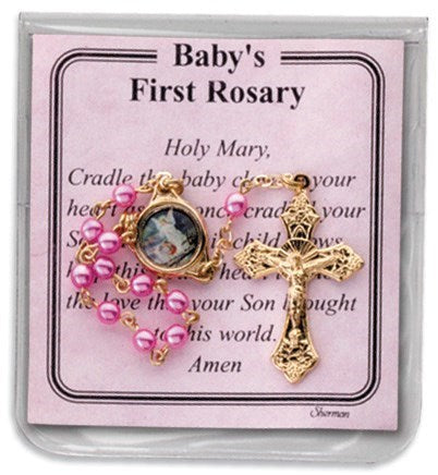 A pink and gold colored one decade baby rosary presented on a card with a Guardian Angel centerpiece and a verse from the Bible.