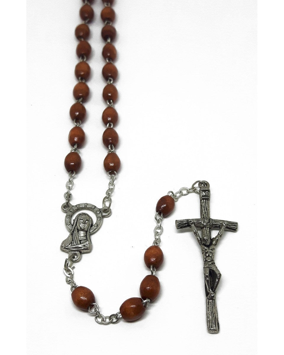 A wooden rosary with metal beads and a metal cross.