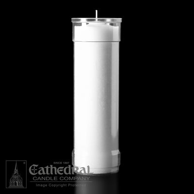 A silver-colored metal candle insert designed for use in church settings.