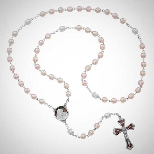 Mother and Child Pink Pearlized Glass Rosary Boxed