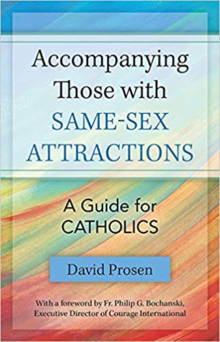 This image displays the cover of a book titled "Accompanying Those with Same-Sex Attractions: A Guide for Catholics," authored by David Prosen. The book's cover is designed with a serene gradient of colors ranging from light blue to yellow, symbolizing perhaps calmness and warmth.