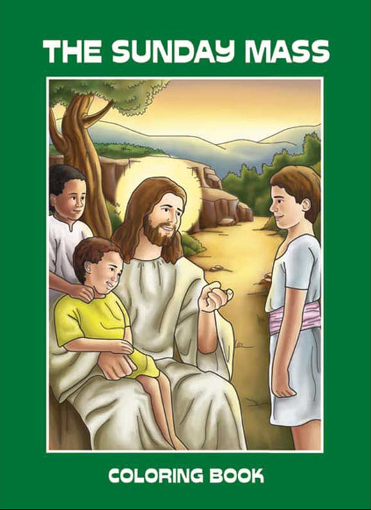 Cover of 'The Sunday Mass Coloring Book' featuring an illustration of Jesus sitting with two children, with a green title banner.