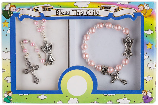 A boxed set containing a rosary and a bracelet with a metal cross and guardian angel centerpiece, displayed on a colorful background with illustrations of angels.