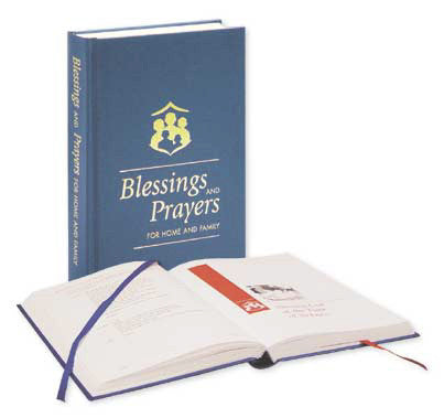 A hardcover book titled 'Blessings and Prayers for Home and Family' with a blue cover and a bookmark inside the book.