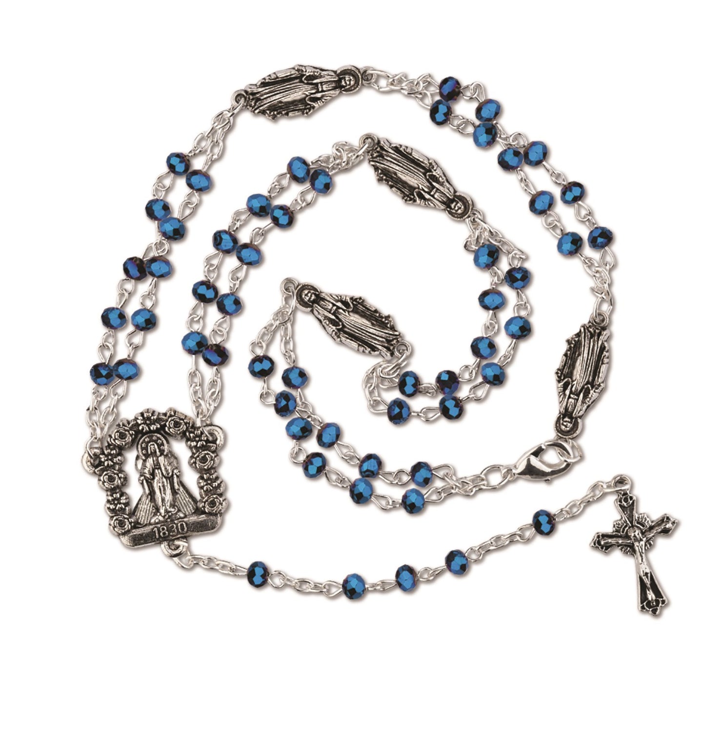 A rosary necklace with blue beads, silver-tone metal components, and a cross pendant.