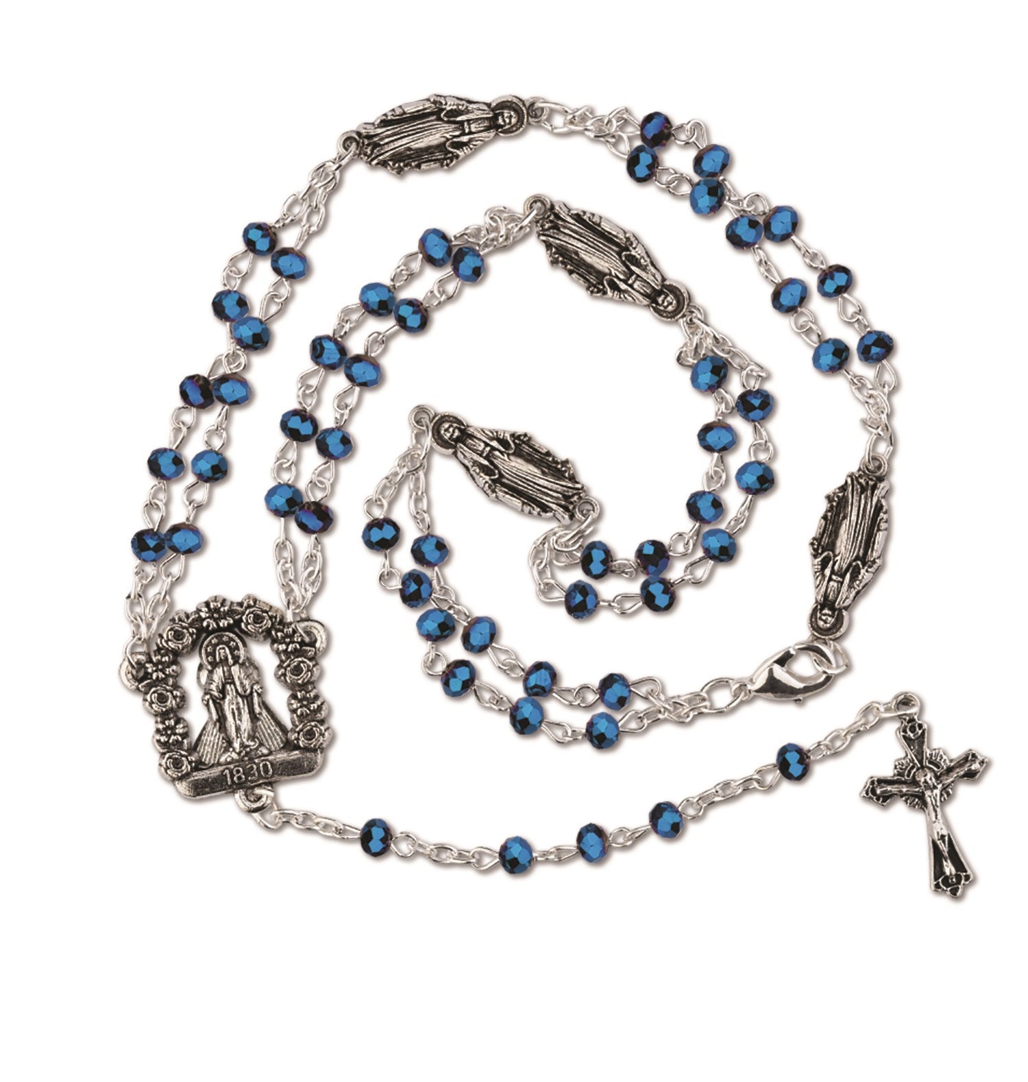 A rosary necklace with blue beads, silver-tone metal components, and a cross pendant.