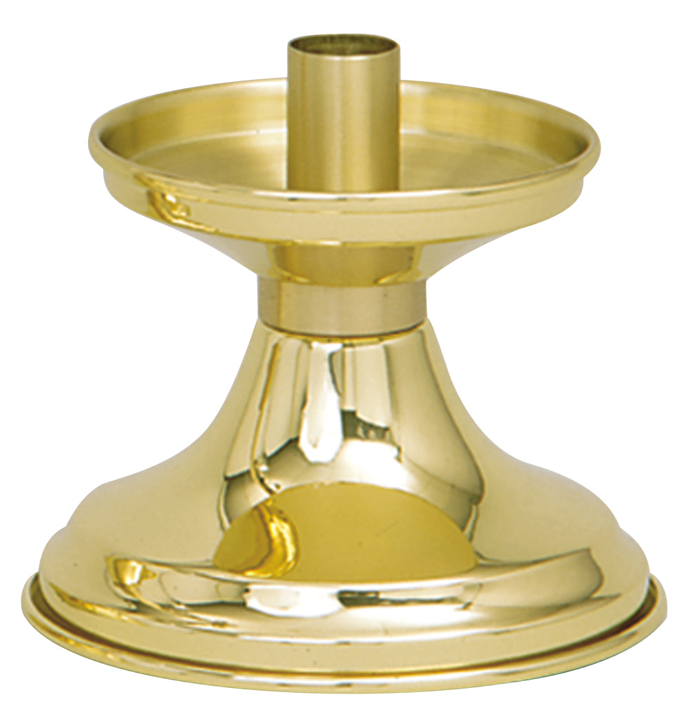 A gold-colored solid brass candlestick with a 5-inch base and a 7/8-inch socket, designed for holding candles.