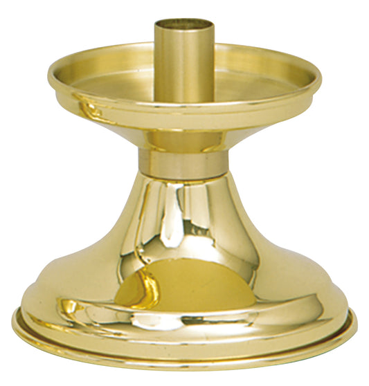 A gold-colored solid brass candlestick with a 5-inch base and a 7/8-inch socket, designed for holding candles.