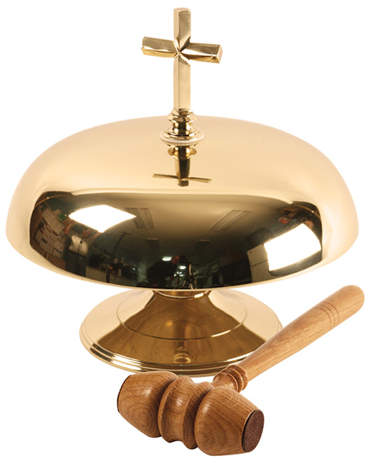 A gong with a brass body and a wooden striker, typically used as a percussion instrument.