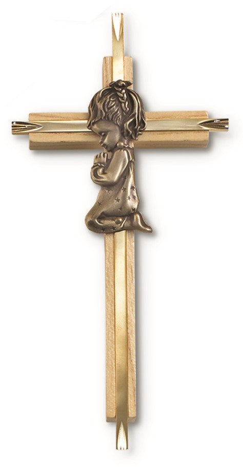A wall cross with a gold finish and a pewter brass inlay, featuring an angel figure on the top.