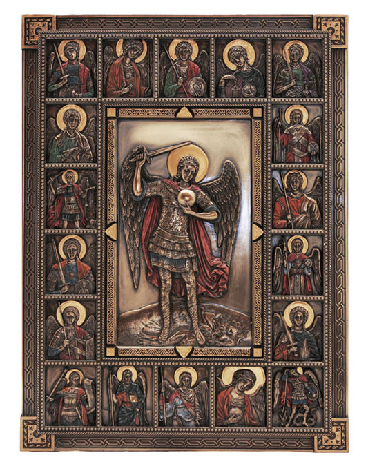 A wall plaque featuring a series of images depicting the archangel St. Michael in various poses and scenarios.