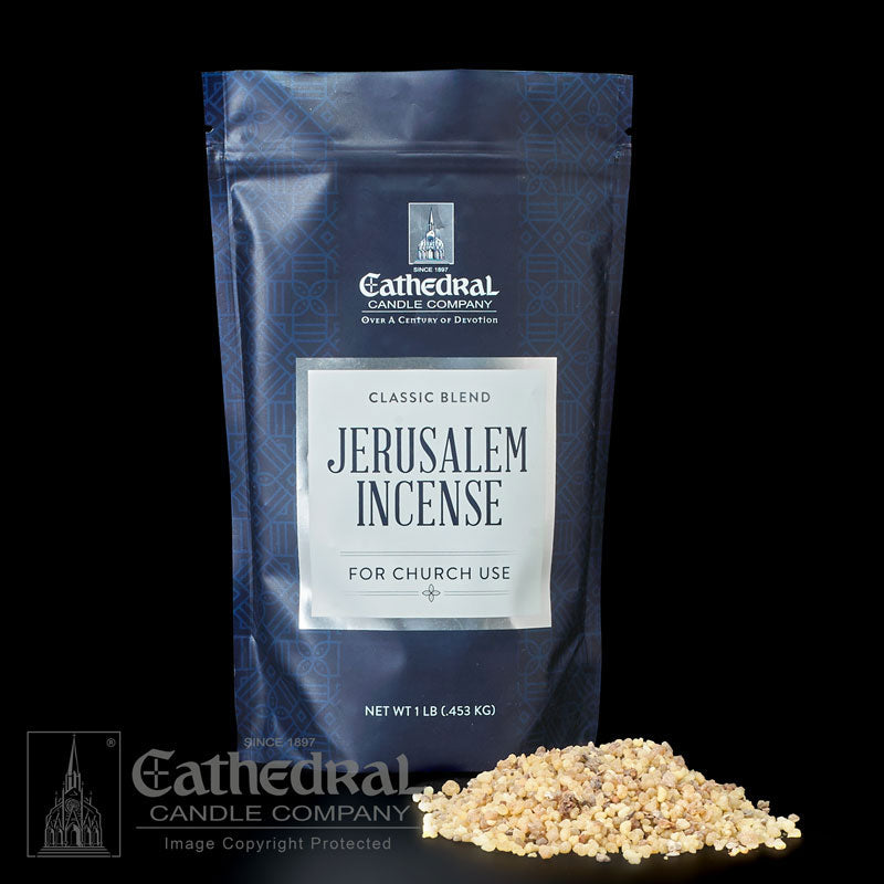 A package of Jerusalem incense granules with the label 'Classic Blend Jerusalem Incense for Church Use' from Cathedral Candle Company.