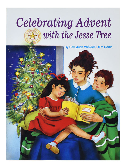 A cover illustration of a family sitting together reading a book, with a decorated Christmas tree in the background, titled 'Celebrating Advent with the Jesse Tree'.