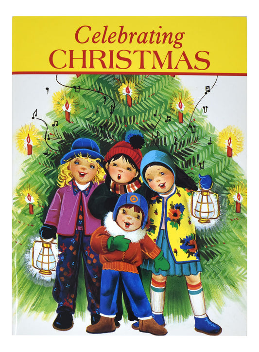 A cover illustration of a children's book titled 'Celebrating Christmas', featuring four children in festive clothing with a Christmas tree and decorations in the background.