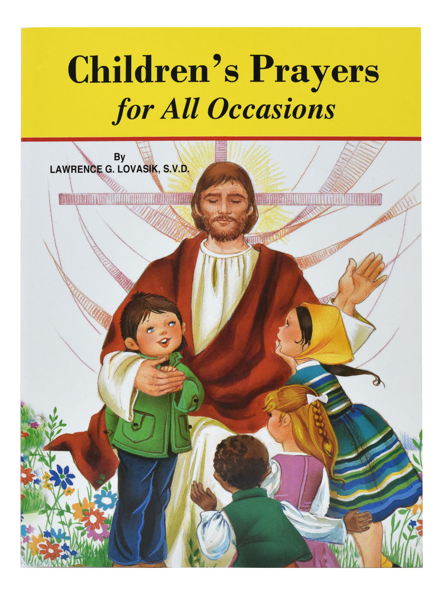 A book cover of 'Children's Prayers for All Occasions' featuring an illustration of Jesus Christ with a group of children gathered around him.