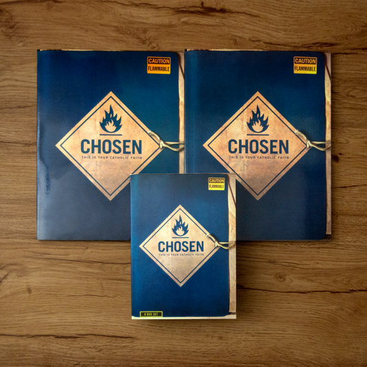 The image shows three books laid out on a wooden surface. They are titled 'CHosen' with a logo that includes a flame, indicating they are part of an educational or spiritual series.