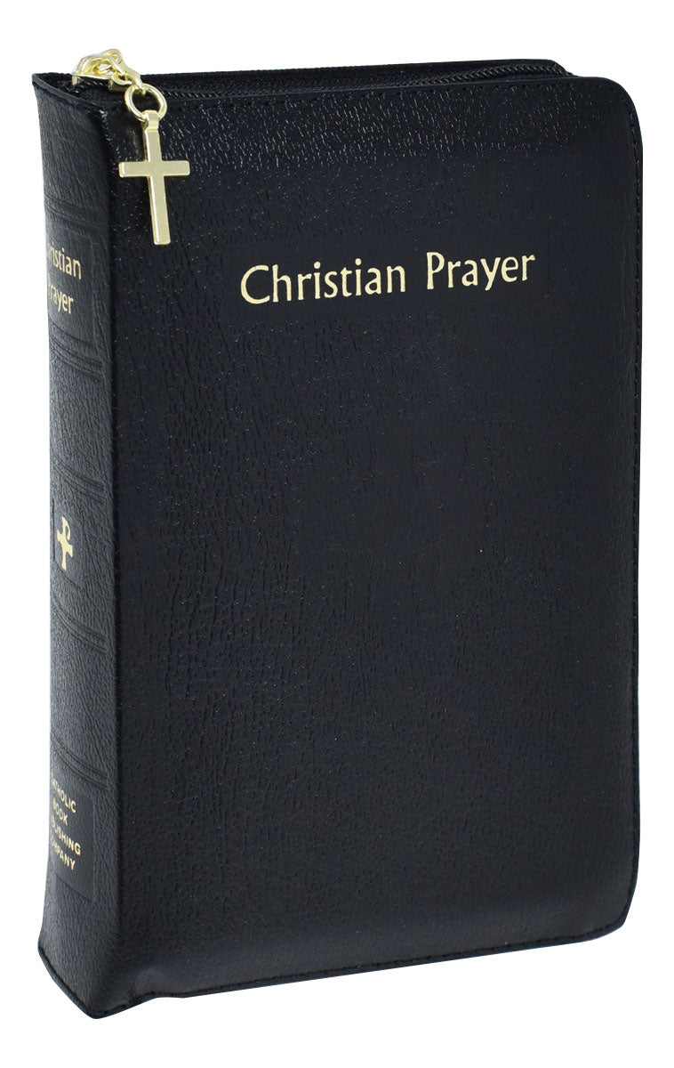 A black leather-bound book titled 'Christian Prayer' with a zipper closure and a small cross decoration on the cover.