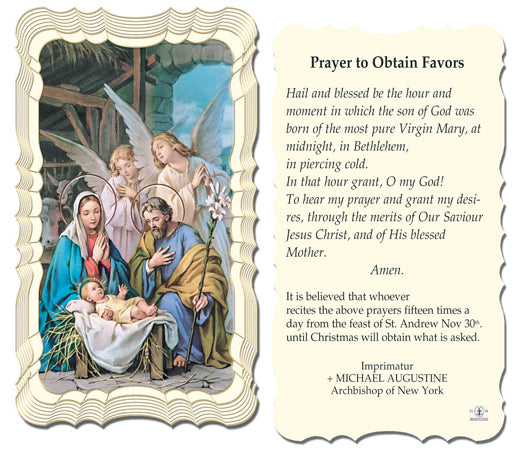 A paper holy card featuring an illustration of the Annunciation with a prayer to Obtain Favors on the back.