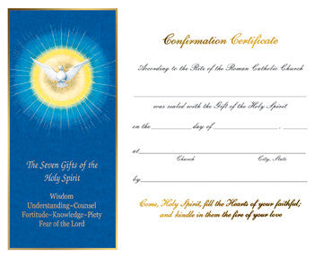 A confirmation certificate with a blue background featuring a white cross and text, along with an envelope.