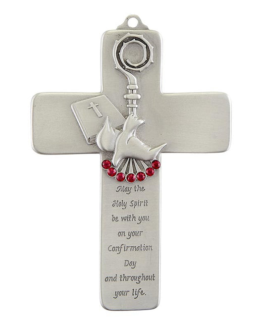 A silver pewter wall cross with red jewels and an engraved confirmation prayer.