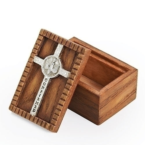 A small wooden keepsake box with a cross design on the lid, featuring a removable lid and a message that reads 'Confirmation'.